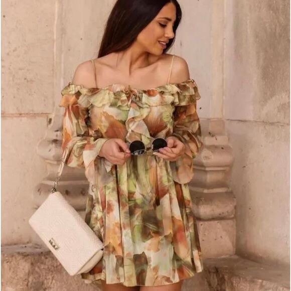 ZARA BLOGGER FAVORITE PRINTED TULLE DRESS GREEN - Picture 1 of 15